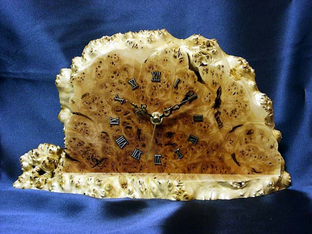 Table clock, willow root burl