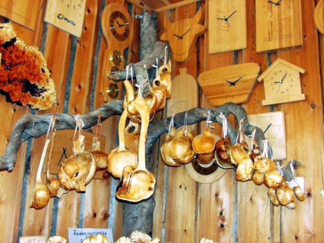 Wooden cups, ladles, clocks