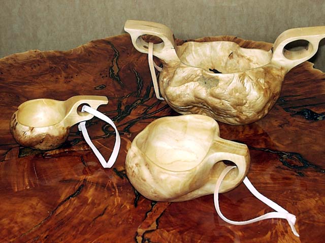 Birch burl cups and wooden tankard